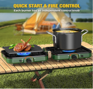 2 Burner Camping Stove, 20000 BTU Propane Camp Stove Portable Folding Gas Travel Stove Camping Essentials Gears Includes Grill,Carrying Bag, Adjustable Burners & Piezo Ignition for Tailgating,BBQ,Camp 