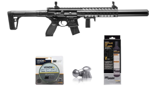 SIG Sauer MCX .177 Cal CO2 Powered Advanced Air Rifle with CO2 90 Gram (2 Pack) and 500 Pellets Bundle (Black, Folding Sights)
