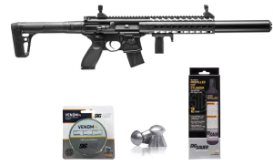 SIG Sauer MCX .177 Cal CO2 Powered Advanced Air Rifle with CO2 90 Gram (2 Pack) and 500 Pellets Bundle (Black, Folding Sights) 
